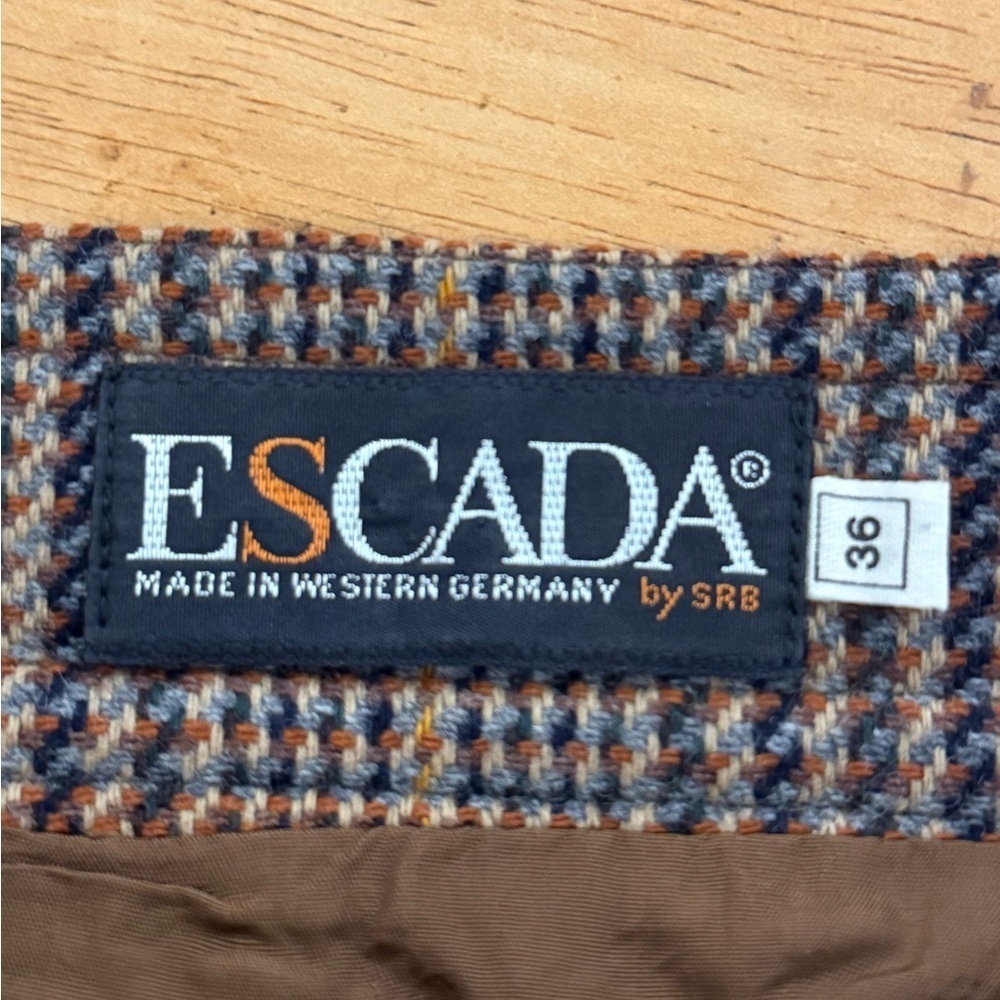 Vintage Escada Houndstooth Wool Wrap Midi Skirt Brown Blue Small (36) - Picture 5 of 7